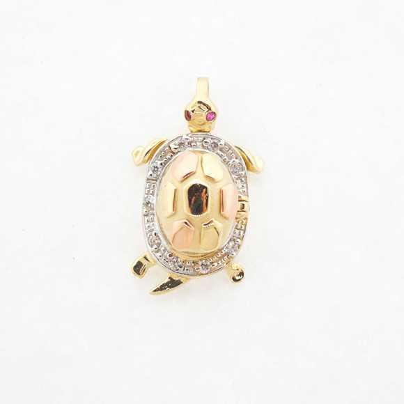Estate Sale 14k Yellow Gold Turtle Pendant Cubic Zirconia White Vintage Jewelry